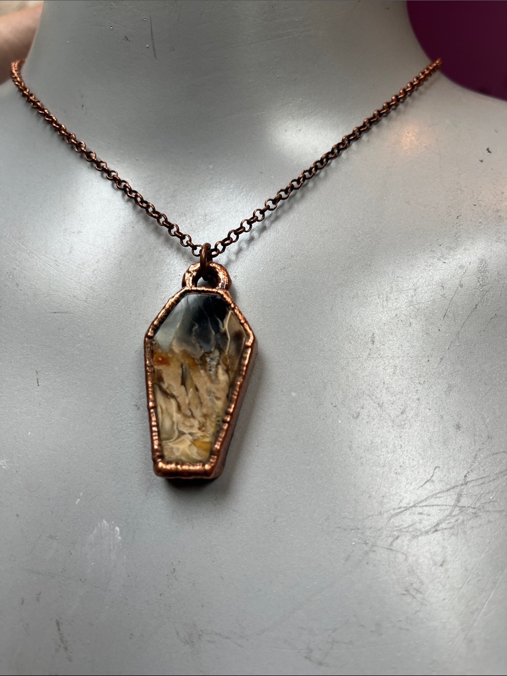 Goth fossilized palm root coffin electroformed copper necklace